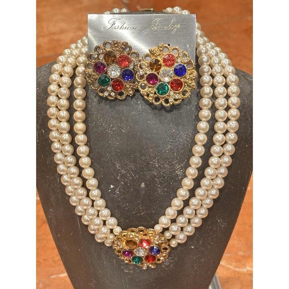 1980S GLAM ERA 3-STRAND FAUX PEARLS NECKLACE RHINESTONES CLIP EARRINGS Set New